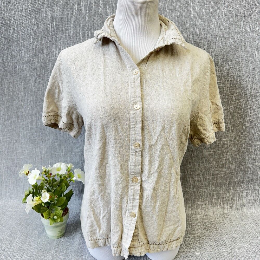 Sag Harbor Women's Large Beige Button Front Shirt Linen rayon Top  eyelet detail